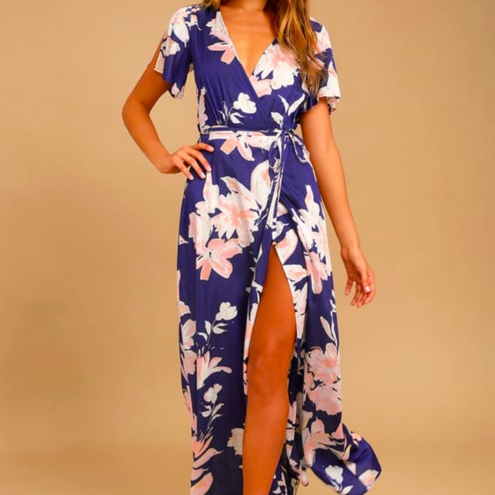 Lulus wrap maxi dress, open back, slit flutter sleeve
